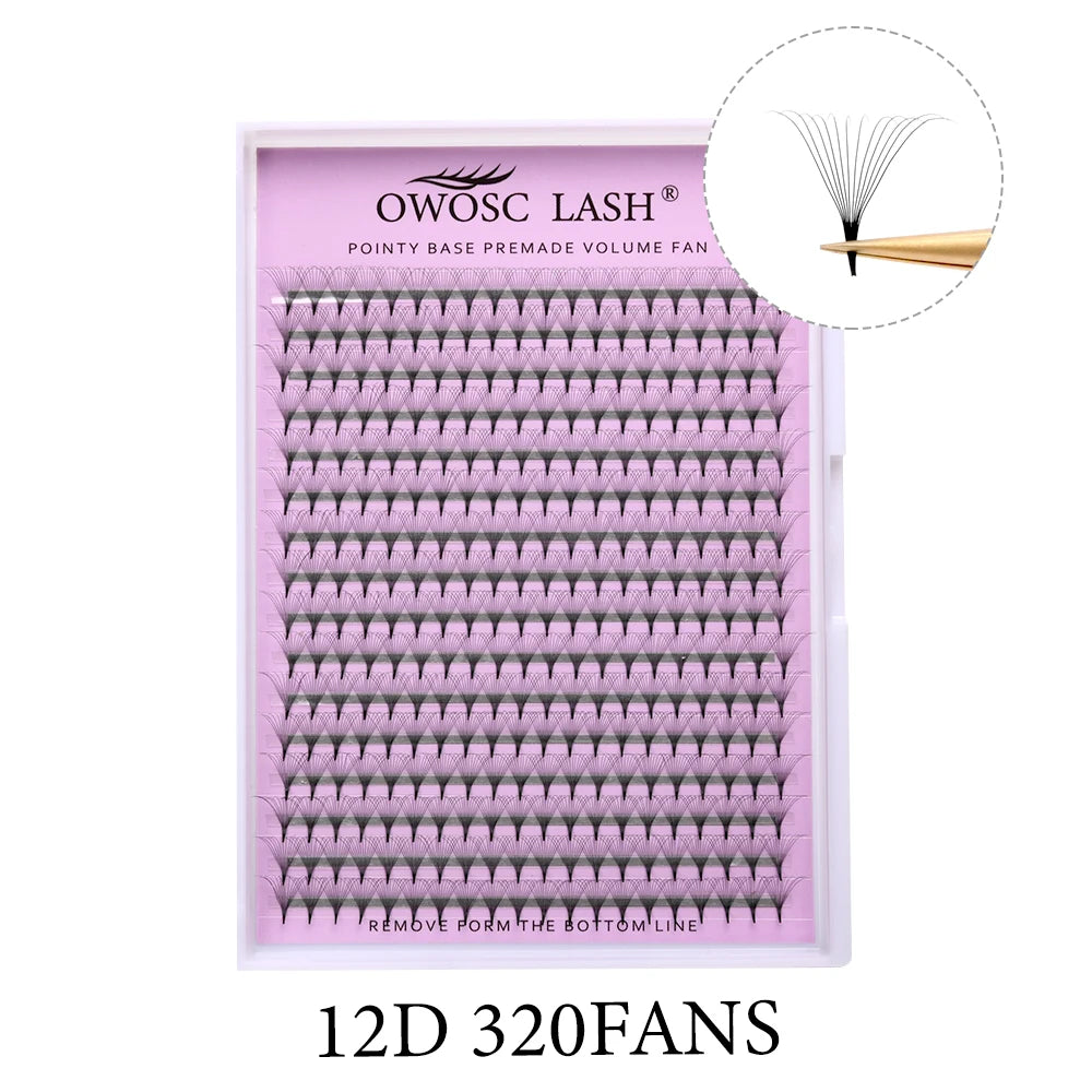 OWOSC Pointy Base Premade Volume Fans Eyelash Extension 3D/6D/8D/10D/12D/14D Individual Sharp Pointy Stem 320 fans Custom Logo
