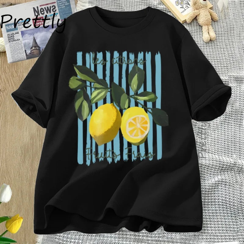 Summer Lemon T-shirt Vintage Cottagecore French T Shirt Cotton Lemon Tee Shirt Vacation Beach Tshirt Casual Short Sleeve Tops