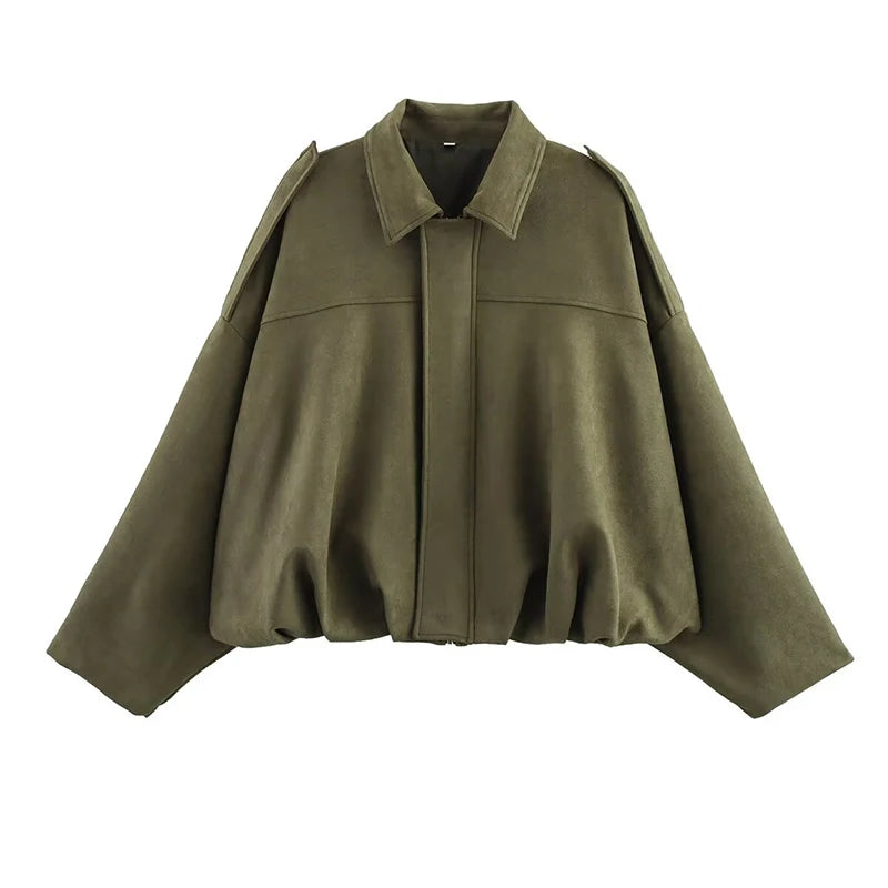 YENKYE New 2025 Women Suede Textured Bomber Jacket Long Sleeve Lapel Collar Loose Coats Casual Female Outerwear Chic Tops