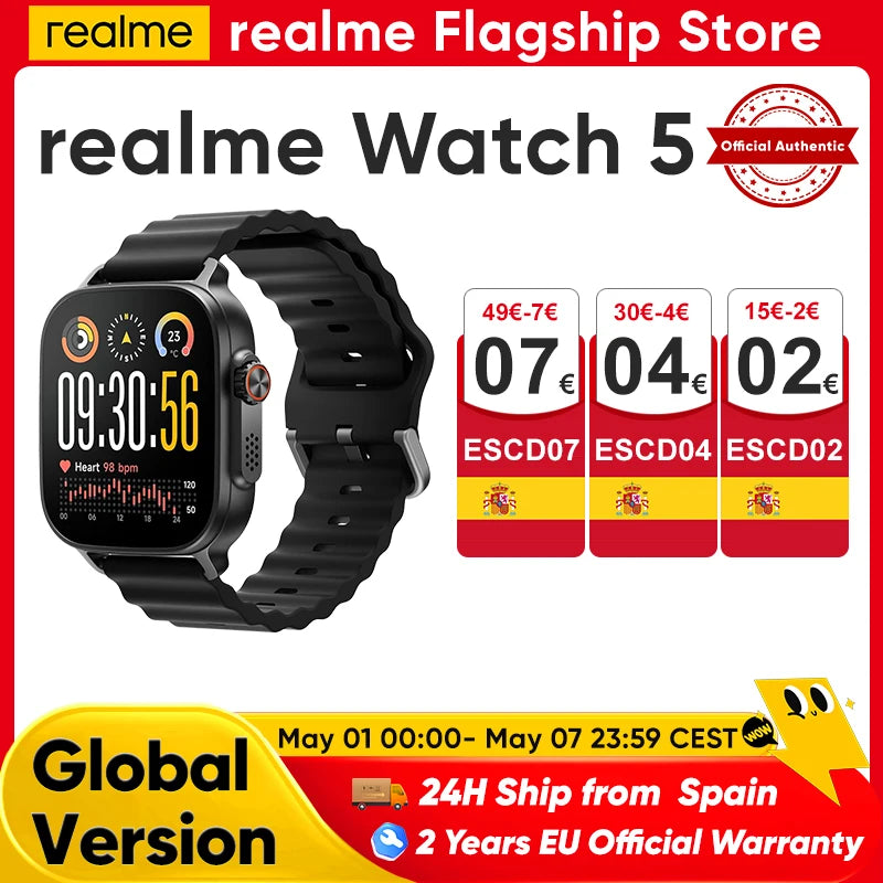 realme Watch 5 Smartwatch GPS NFC Global Version 1.97" AMOLED Screen 14 Day Battery Life Bluetooth 5.3 GNSS IP68 For Android IOS