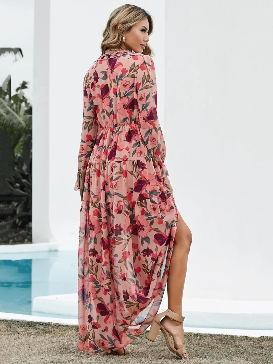 Elegant Floral Print Women Summer Casual Ruffle Layered Long Sleeved V-neck A Line Long Maxi Party Loose Boho Dresses