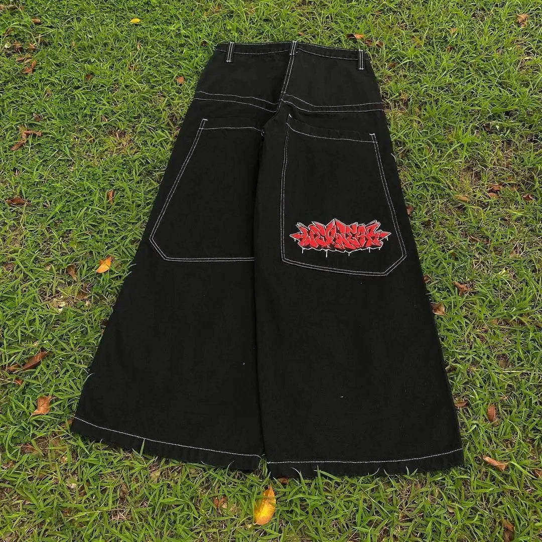 Vintage Cherry Blossom Black Knight Embroidery Jeans Y2k Retro Baggy Straight Denim Pants Blue Wash Jean Men Clothing Streetwear