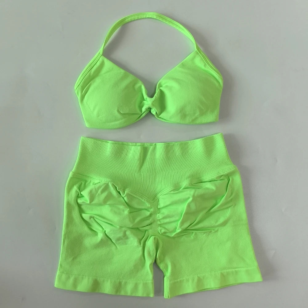 NO LOGO 2PCS Gym Set Women Strappy Yoga Bra Top High Waist Workout Scrunch Shorts Sports Suit Seamless Yoga Set Fitness Clothes