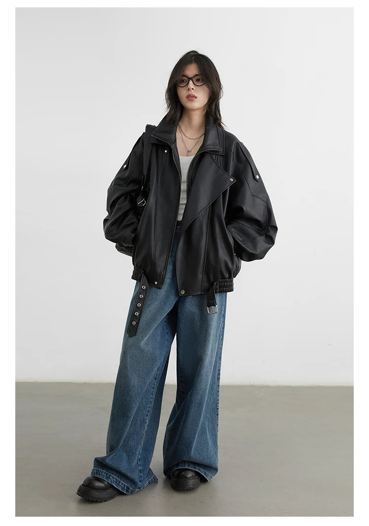 CHIC VEN Woman PU Jacket Solid Loose New Retro Standing Collar Motorcycle Faux Leather Coat Female Top Spring Autumn 2026