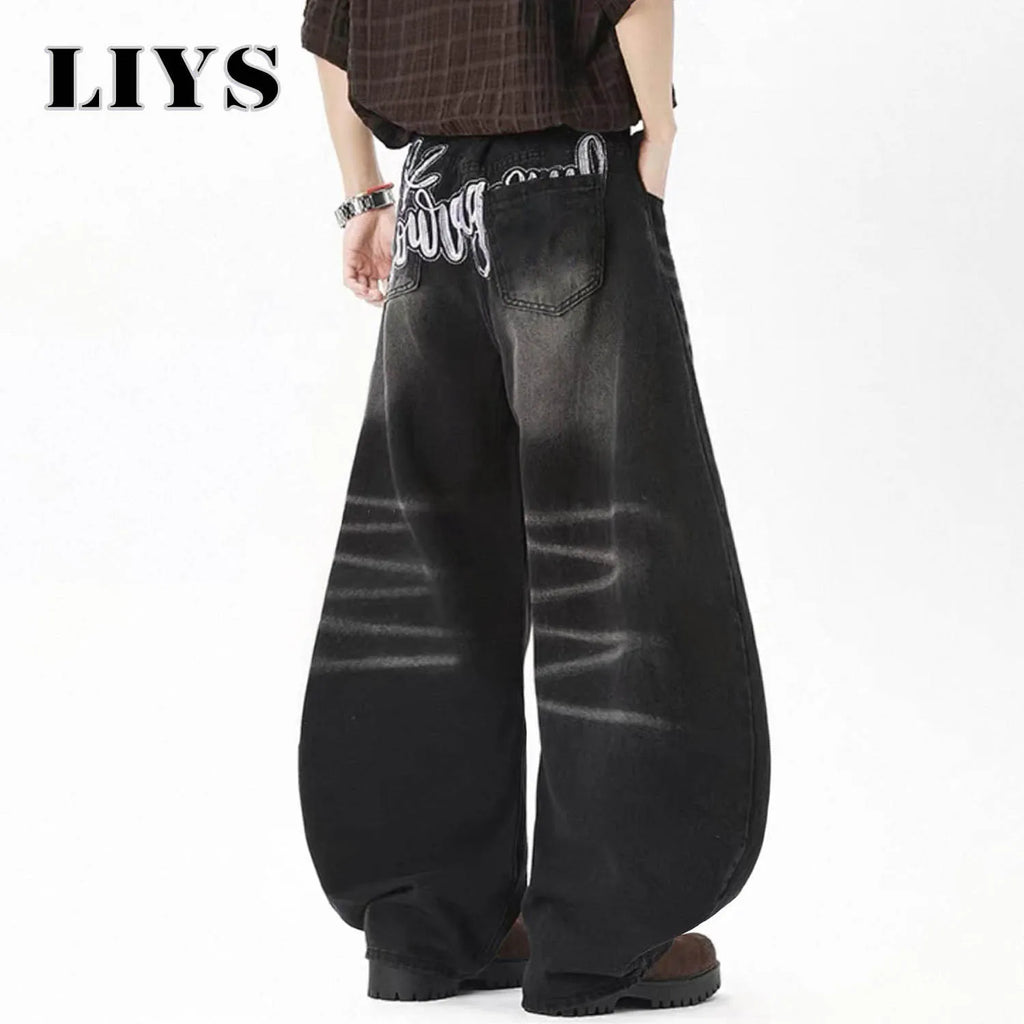 Men's American Retro Black Baggy Machete Wide Leg Jeans Four Seasons Personalized Embroidery Design Unisex Denim Pants Clothes