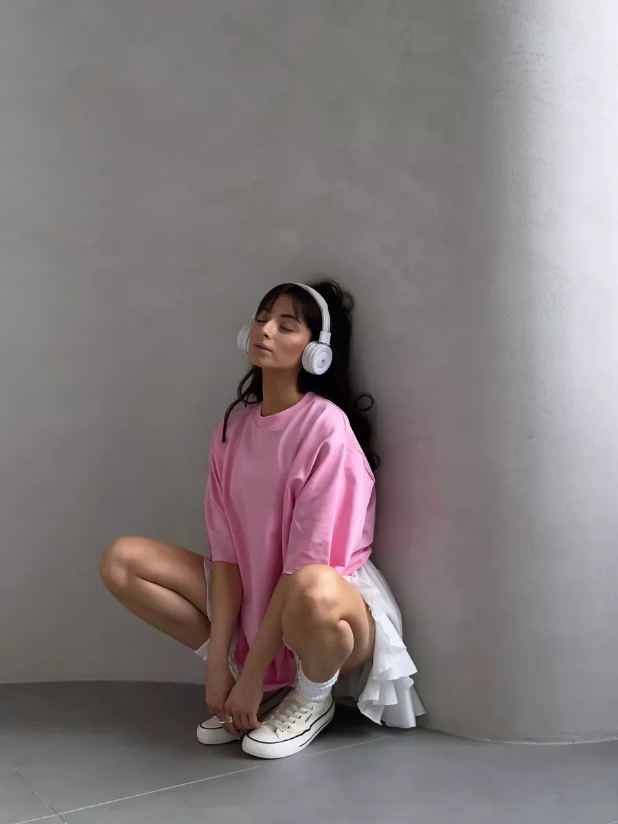 Hirsionsan Summer Casual Oversized T-shirts Women 100% Cotton Pink Loose Tees 2025 New Cusual Solid O Neck Female Aesthetic Tops
