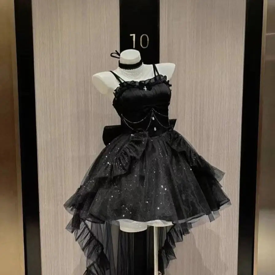 Gothic Red Lolita JSK Dress Women Spaghetti Strap Ruffle Tulle Skirt Chain Bow Decor High Low Hem Vintage Princess Party Dress