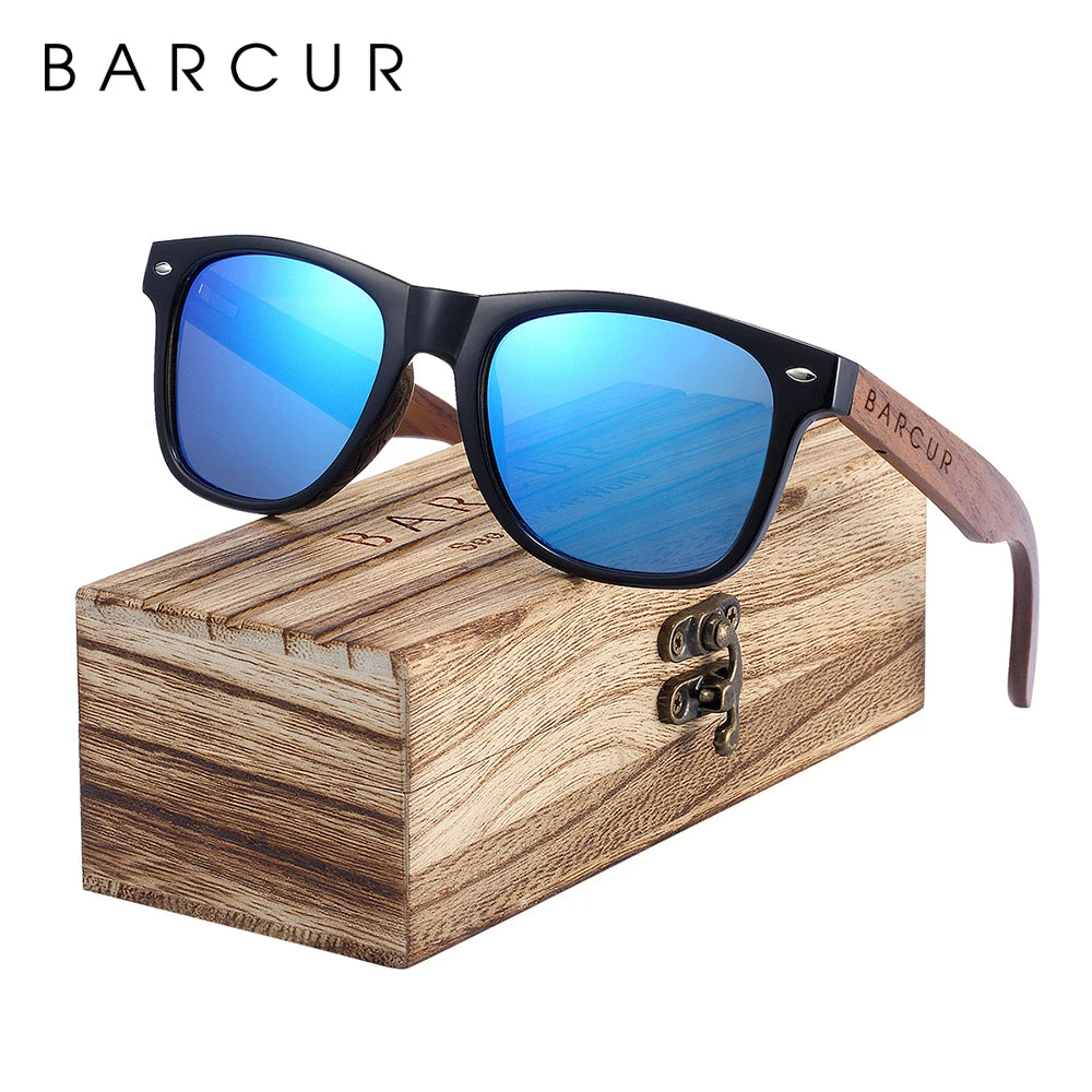 BARCUR Black Walnut Sunglasses Wood Polarized Sunglasses Men Glasses Men UV400 Protection Eyewear Wooden Original Box